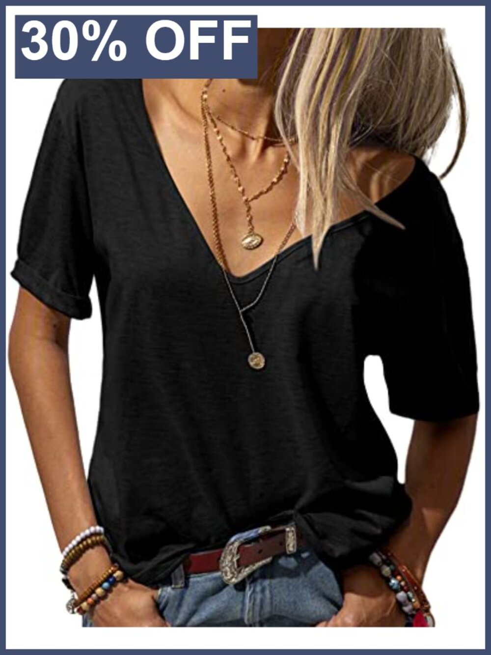 Women's Loose Deep V-Neck Short Sleeve T-Shirt